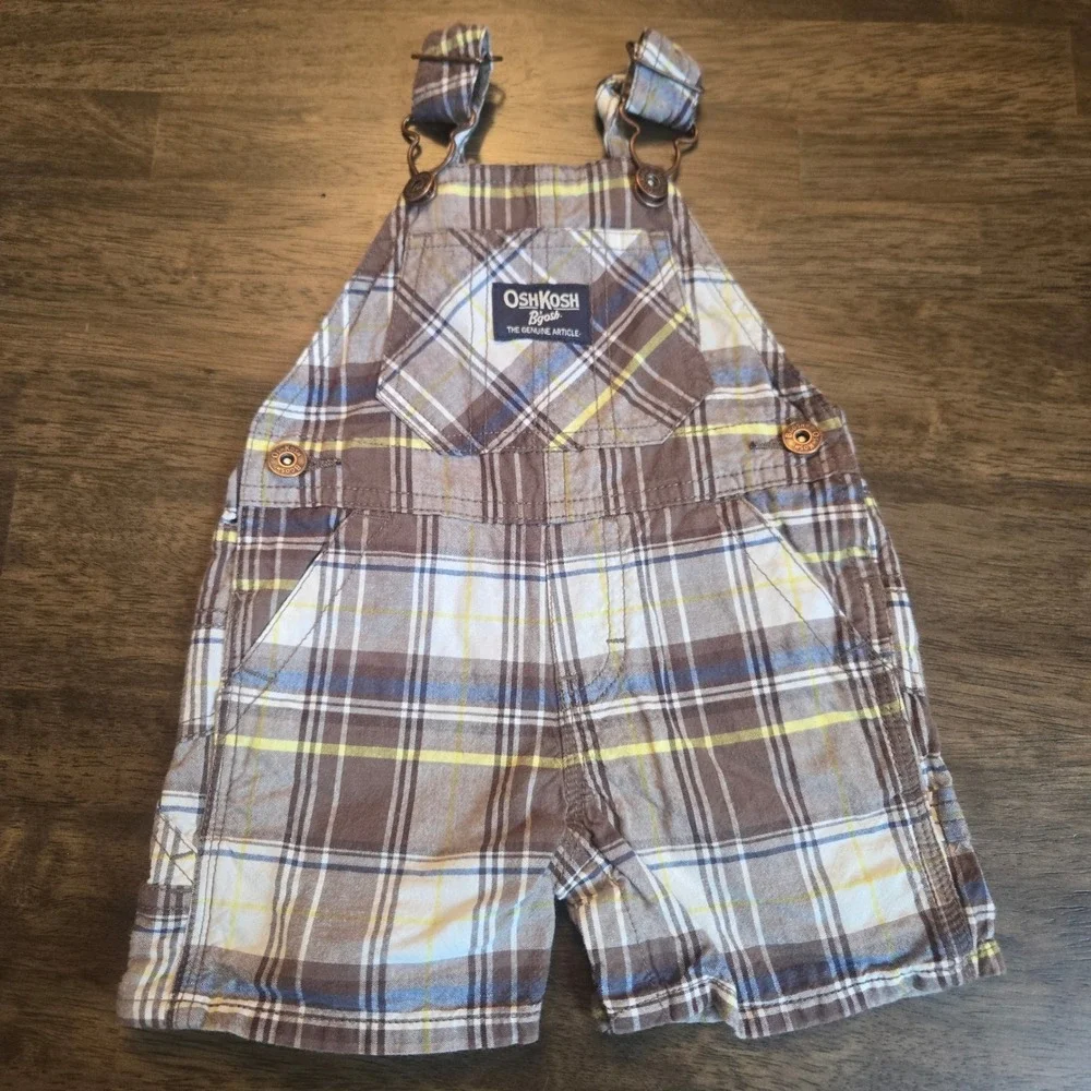 OshKosh Bgosh Baby Boys Brown Blue Yellow Plaid Shortall Overalls 6 Months